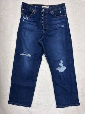 Levi Jeans Ribcage Straight Ankle Button Fly Dark Wash High Rise Distressed 31